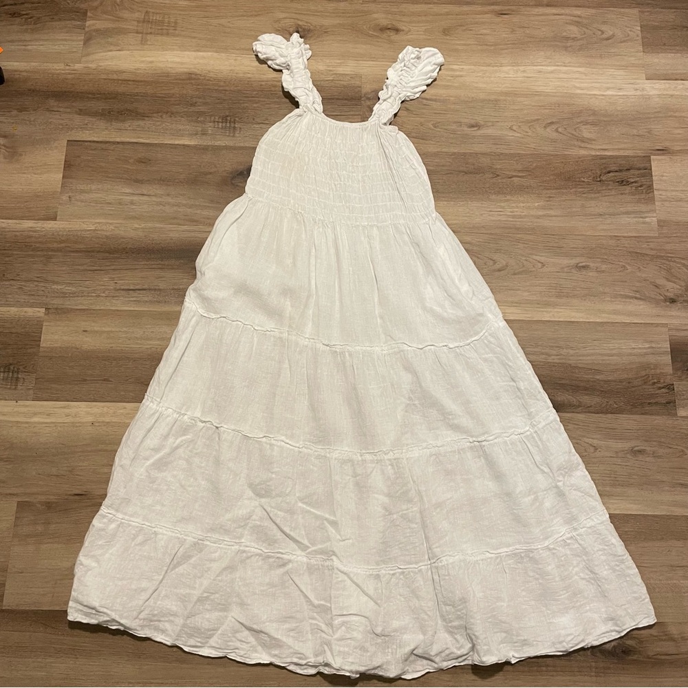 Meo Meli Smocked Tiered Linen Maxi Dress White One size Cottagecore